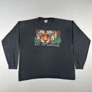Vtg Tiger Nature‎ T Shirt 2XL Black Long Sleeve Human-I-Tees Eye On Survival